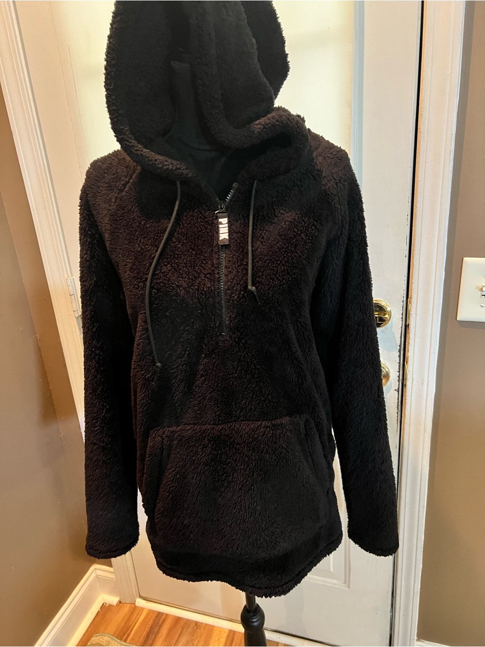 PINK Cozy Black Sherpa Hoodie with Half-Zip